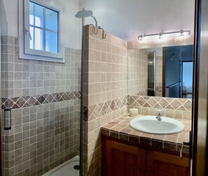 Shower, towels, toilet paper