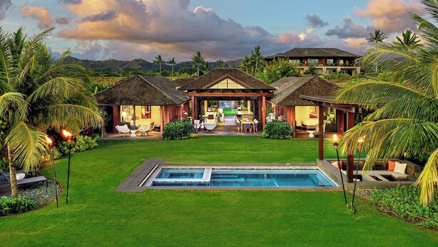 A resort with a swimming pool, outdoor seating, and a covered dining area. - Hale Kai Malia: Spacious, Stylish Ocean View Villa (Koloa)