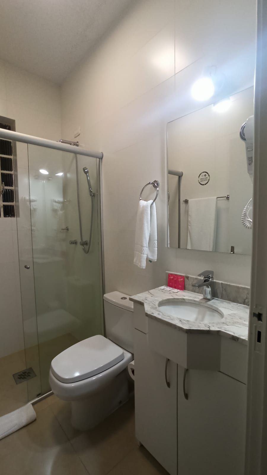 Een badkamer met een douche met glazen wand, een wit toilet, een wastafel met een marmeren blad en een spiegel boven de wastafel.