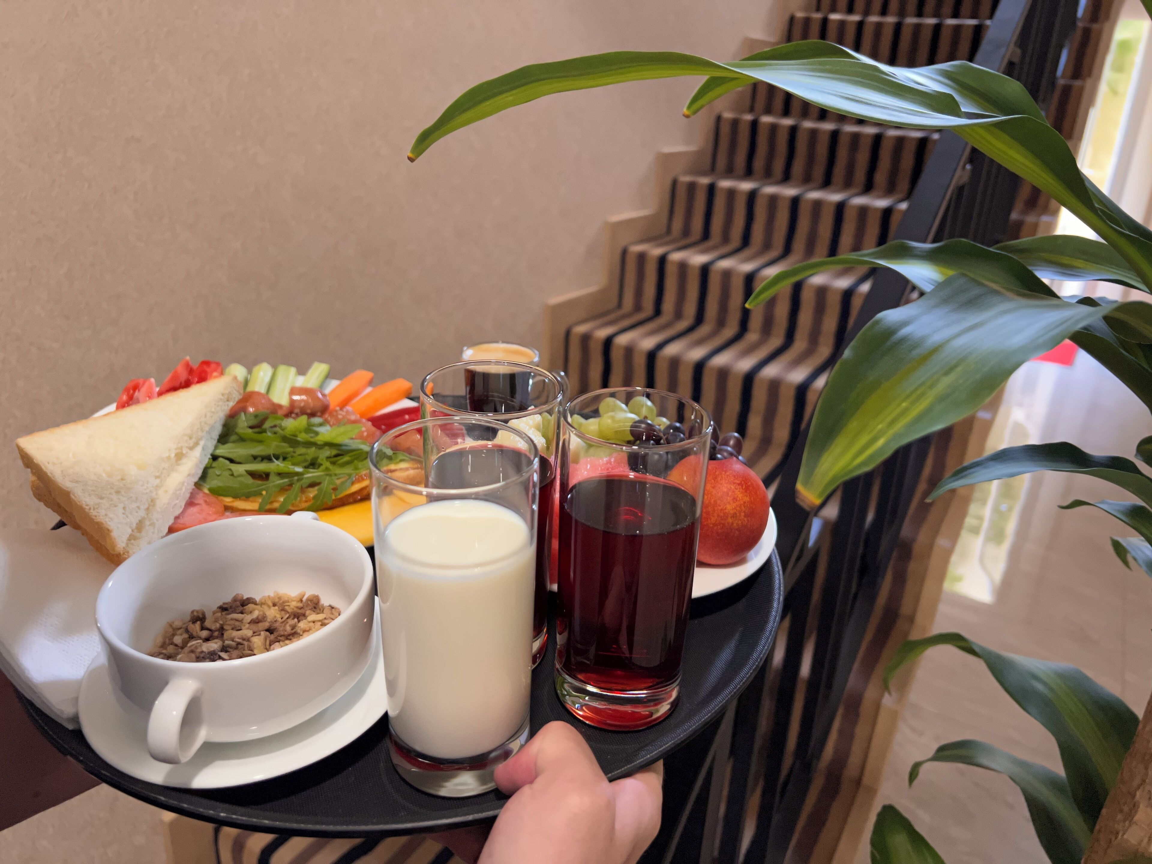 Una bandeja con un sándwich, ensalada, fruta y bebidas.