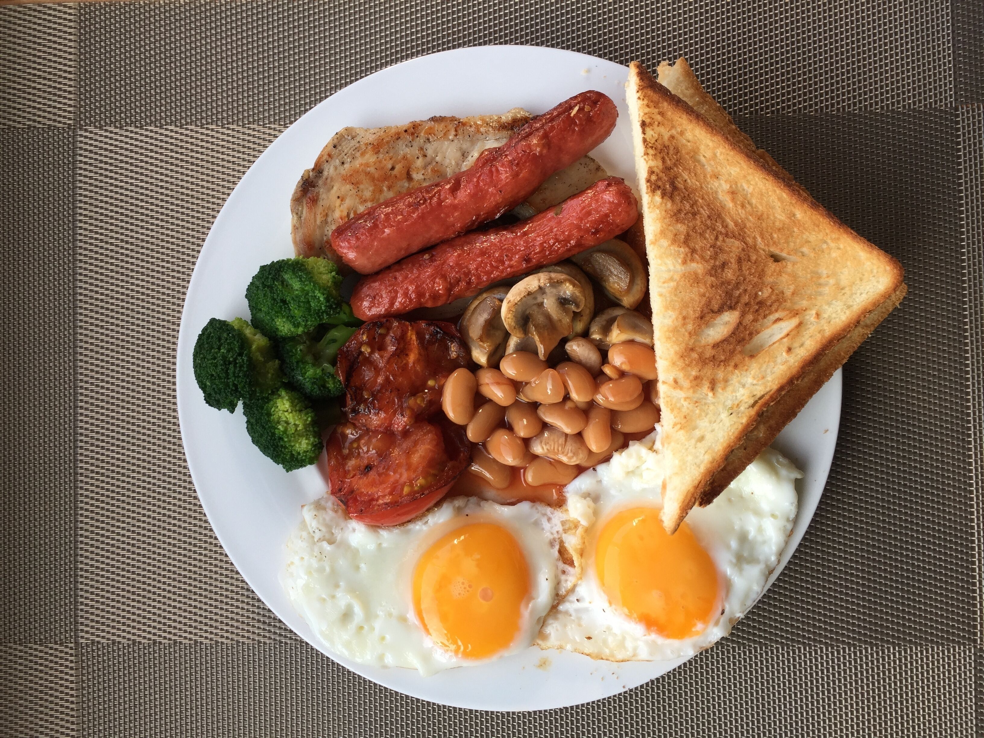 A plate with a variety of breakfast items including sausages, mushrooms, beans, toast, eggs, and broccoli.