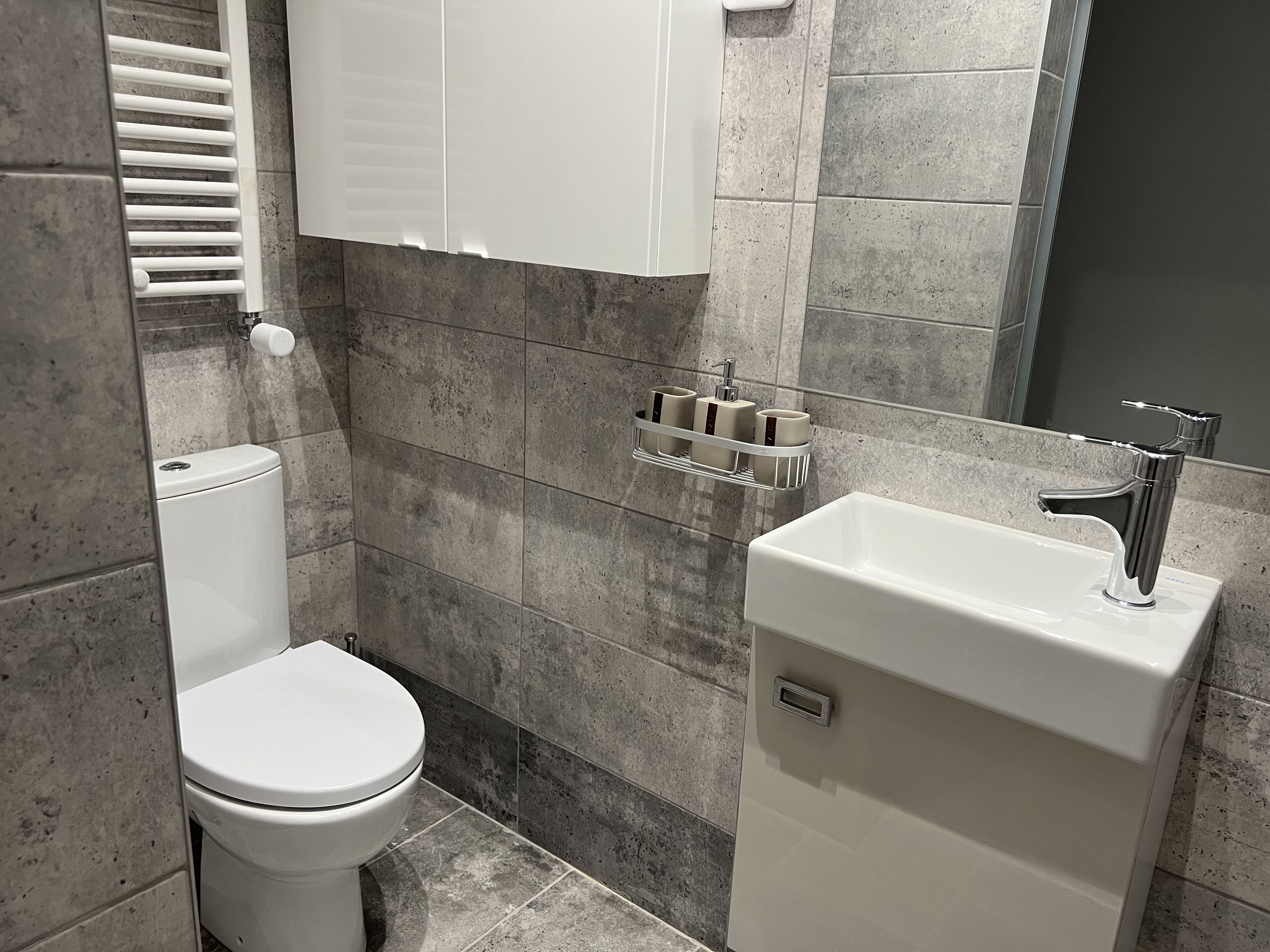 Un baño moderno con inodoro, lavamanos y toallero.