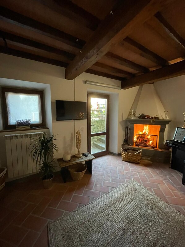 Una sala de estar acogedora con chimenea, televisor, ventana y una planta en maceta.