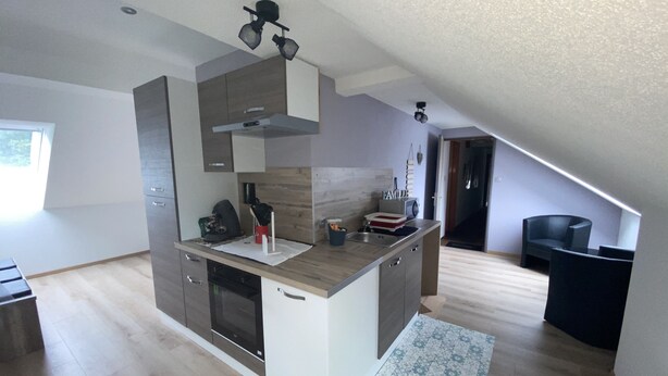 A modern kitchen with a central island, built-in appliances, and a sloped ceiling. - At Léa's cozy little nest (Muhlbach)