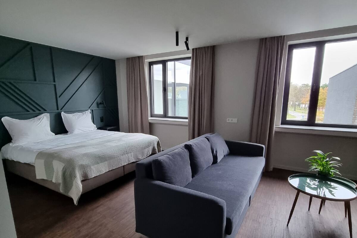 A modern room with a bed, a sofa, a small table with a plant, and large windows.