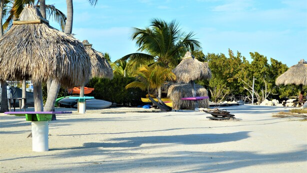A beach with thatched umbrellas, palm trees, and a sandy area with boats. - Newly renovated coastal home; Marina, Pools, Lagoon, Bikes, Tiki’s and More! (Key Largo)