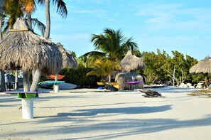A beach with thatched umbrellas, palm trees, and a sandy area with boats.