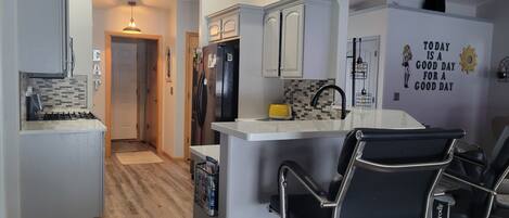 Fridge, microwave, oven, stovetop