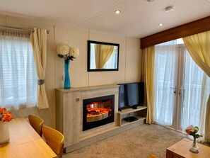 Televisión, chimenea, reproductor de DVD y videoteca 