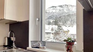 A modern kitchen with a stainless steel sink, a kettle, and a window with a view of snow-covered houses and mountains. - Alm Lodge A8 - Tauplitz Lodges (Tauplitz)