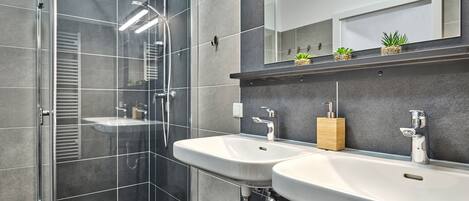 Shower, hair dryer, towels
