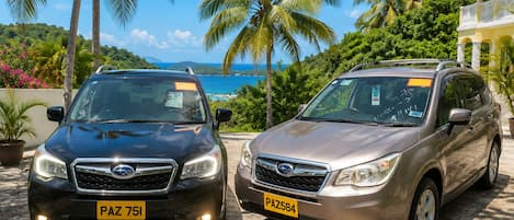 Deux voitures sont garées dans une allée, offrant une vue sur une plage et des palmiers.