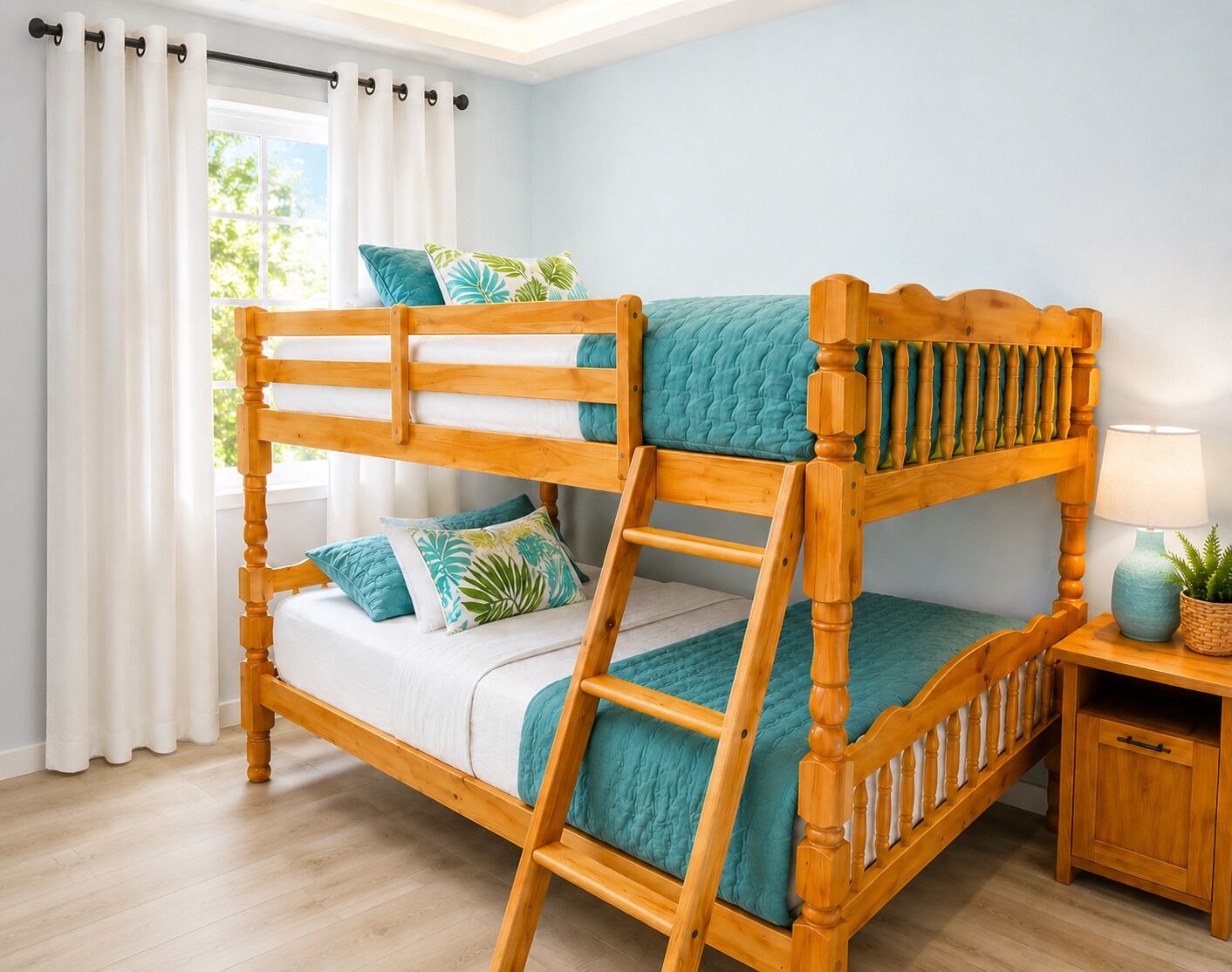 A bunk bed with a wooden frame, a bedside table with a lamp, and a window with curtains.