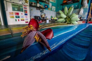 Een kamer met een blauw gestreepte bank, een rode bloem en een tros bananen.