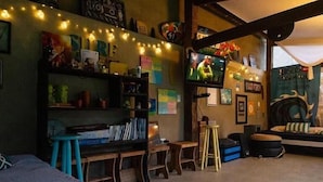 Una habitación acogedora con una cama, un escritorio y un televisor. Hay estanterías con libros y adornos, y una guirnalda de luces en la pared.
