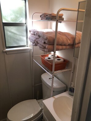 Chuveiro, toalhas de banho, sabonete, shampoo