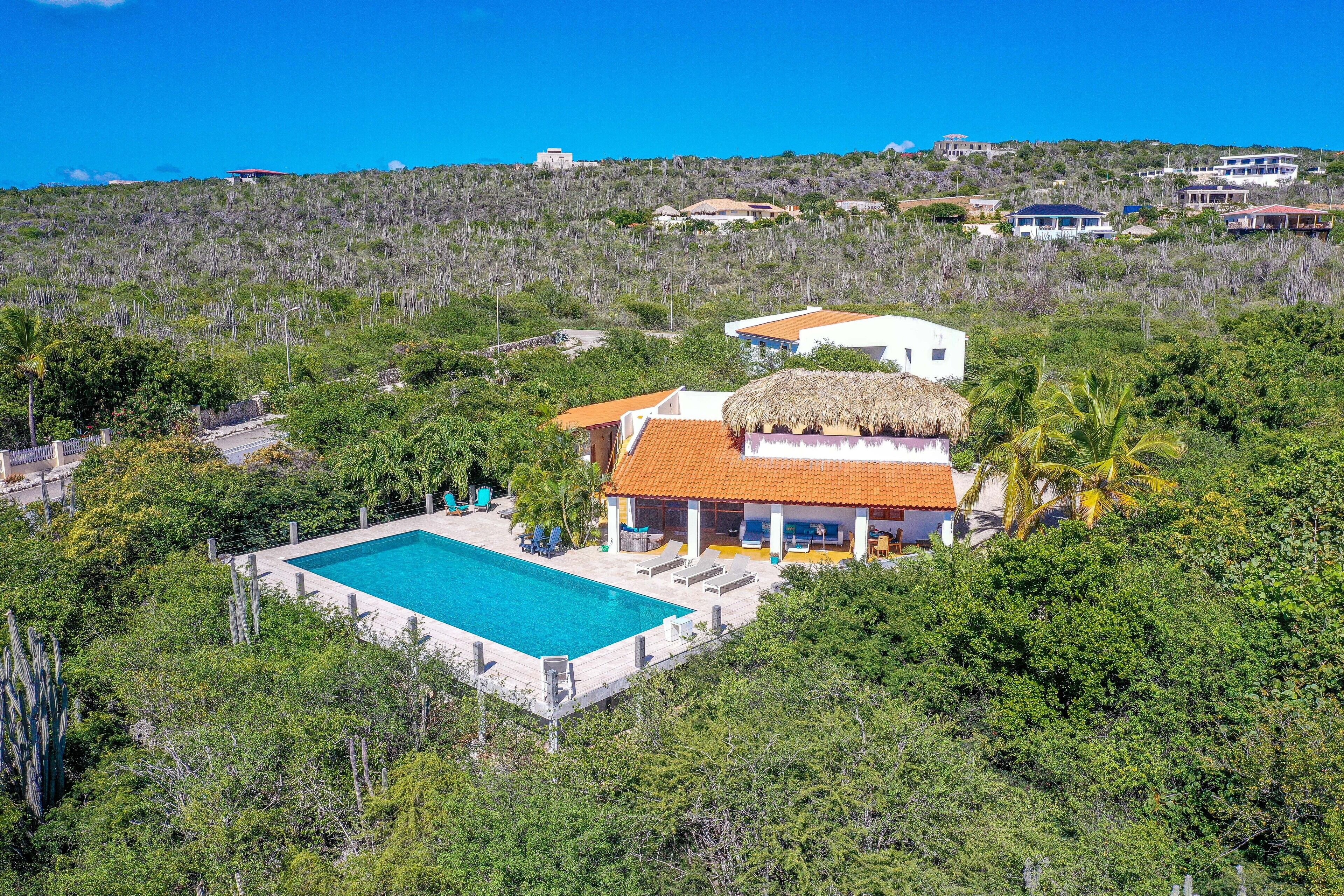 A large house with a swimming pool surrounded by lush greenery.