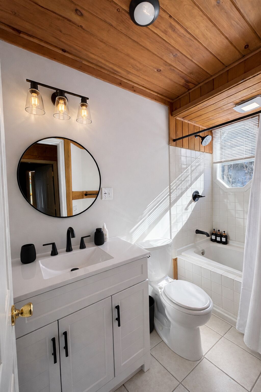 Combined shower/bathtub, jetted bath, hair dryer, soap