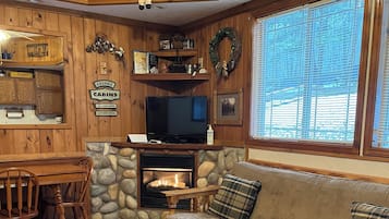 Smart TV, fireplace, DVD player, books