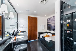 Shower, hair dryer, bidet, towels