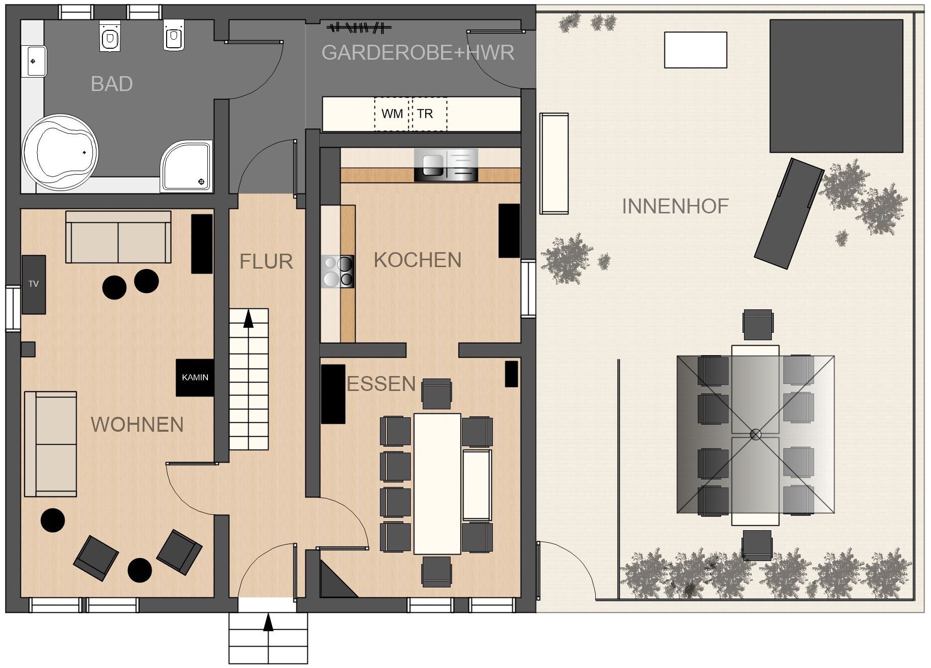 Distribución de un hotel con sala de estar, comedor, cocina y jardín.