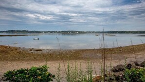 En rolig sø med en lille båd, omgivet af naturlandskab og bygninger i det fjerne.