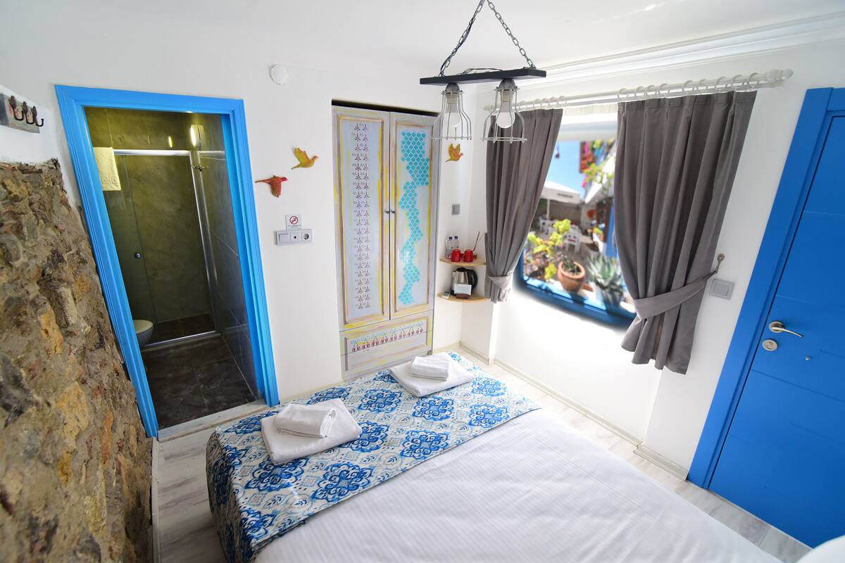 A room with a bed, a shower, a blue door, and a window with curtains.
