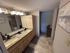 Hair dryer, towels, soap, toilet paper