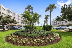 Stunning garden oasis surrounded by modern buildings with balconies.
