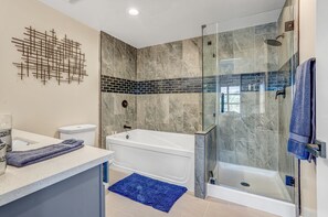 Shower, hair dryer, towels