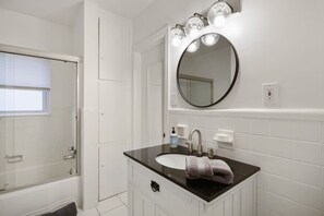 Combined shower/bathtub, hair dryer, towels - Mid Century Modern Morningside VA Highland Emory (Atlanta)
