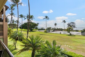 Vista de uma varanda com um jardim bem cuidado, palmeiras, quadra de tênis e céu limpo.