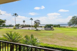 Vista de um campo de golfe com céu claro e palmeiras.