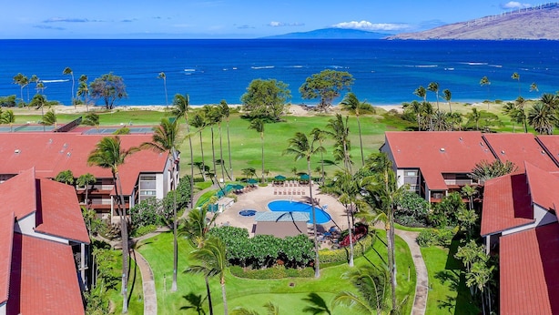 Ein Resort mit einem zentral gelegenen Pool, umgeben von Palmen, und Blick auf den Ozean.