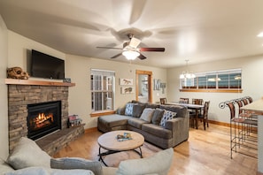 Smart TV, fireplace, books