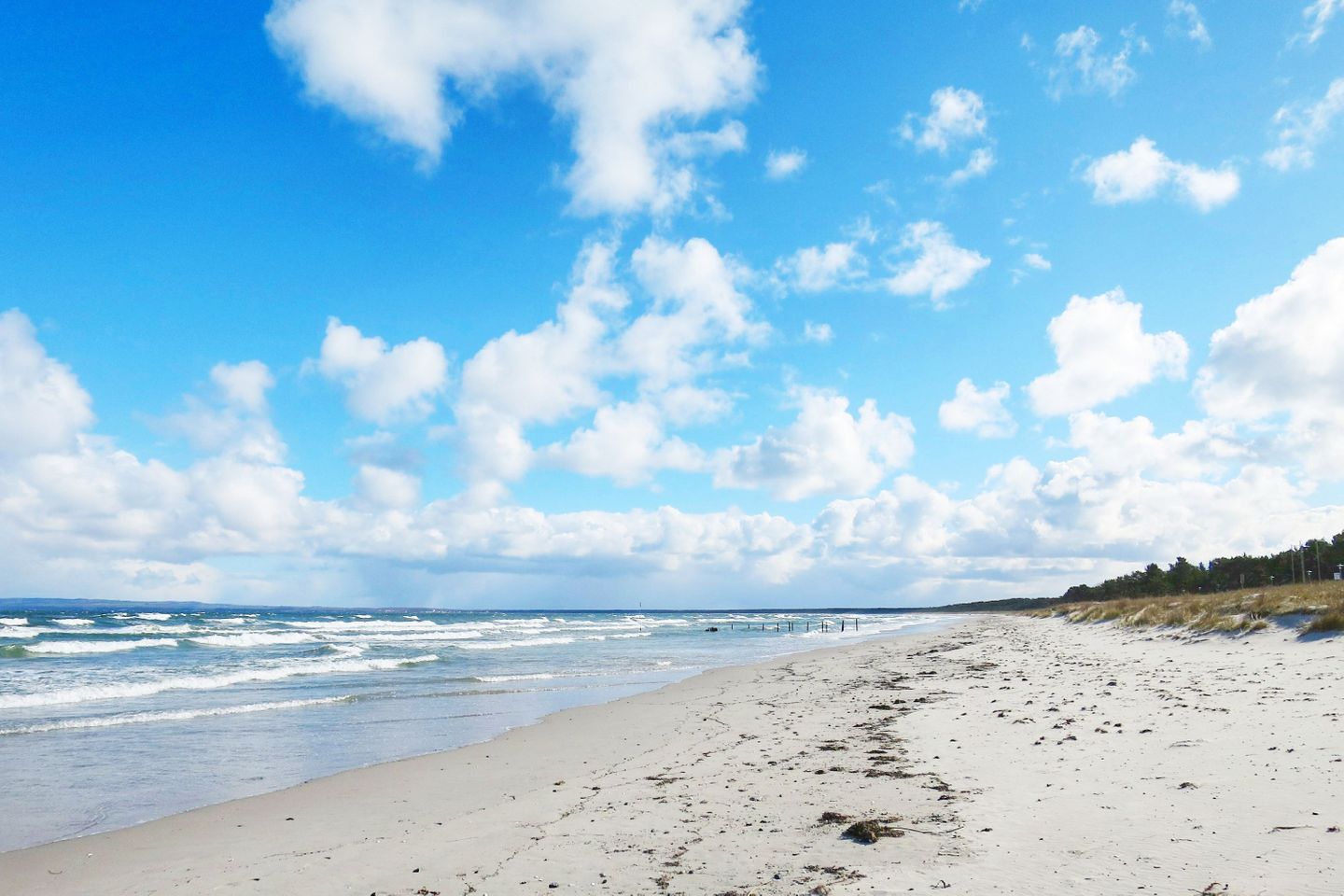 Une plage dotée d’un large rivage sablonneux, de vagues douces et d’un ciel dégagé parsemé de quelques nuages.