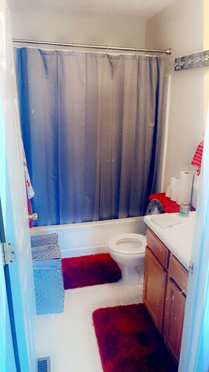 Combined shower/bathtub, hair dryer, towels