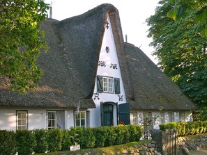 A thatched-roof house with a unique sloped roof design, a white facade, and a small window with shutters.