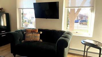 Smart TV, chimenea, libros y oficina