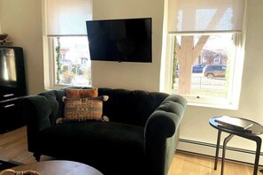 TV connectée, cheminée, livres, espaces bureaux