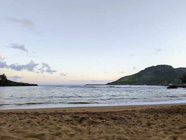 A beach with a sandy shore, calm sea, and a distant mountain.