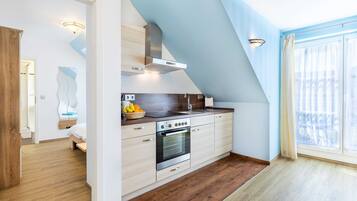 Fridge, microwave, oven, high chair