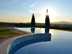 Una piscina con borde de azulejos, rodeada de césped y dos árboles altos.