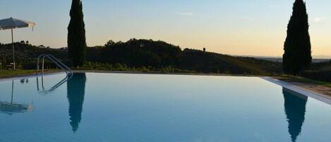 A clear swimming pool with a metal ladder, surrounded by a landscape with two tall cypress trees and a hill in the background.