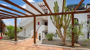 Un patio con una pérgola de madera, un cactus grande y un edificio blanco con una escalera.