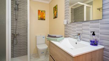 A bathroom with a shower, toilet, sink, and a mirror.