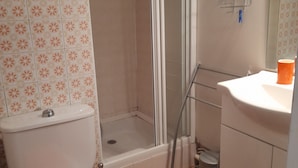 Une salle de bain avec des toilettes, une douche et un lavabo.