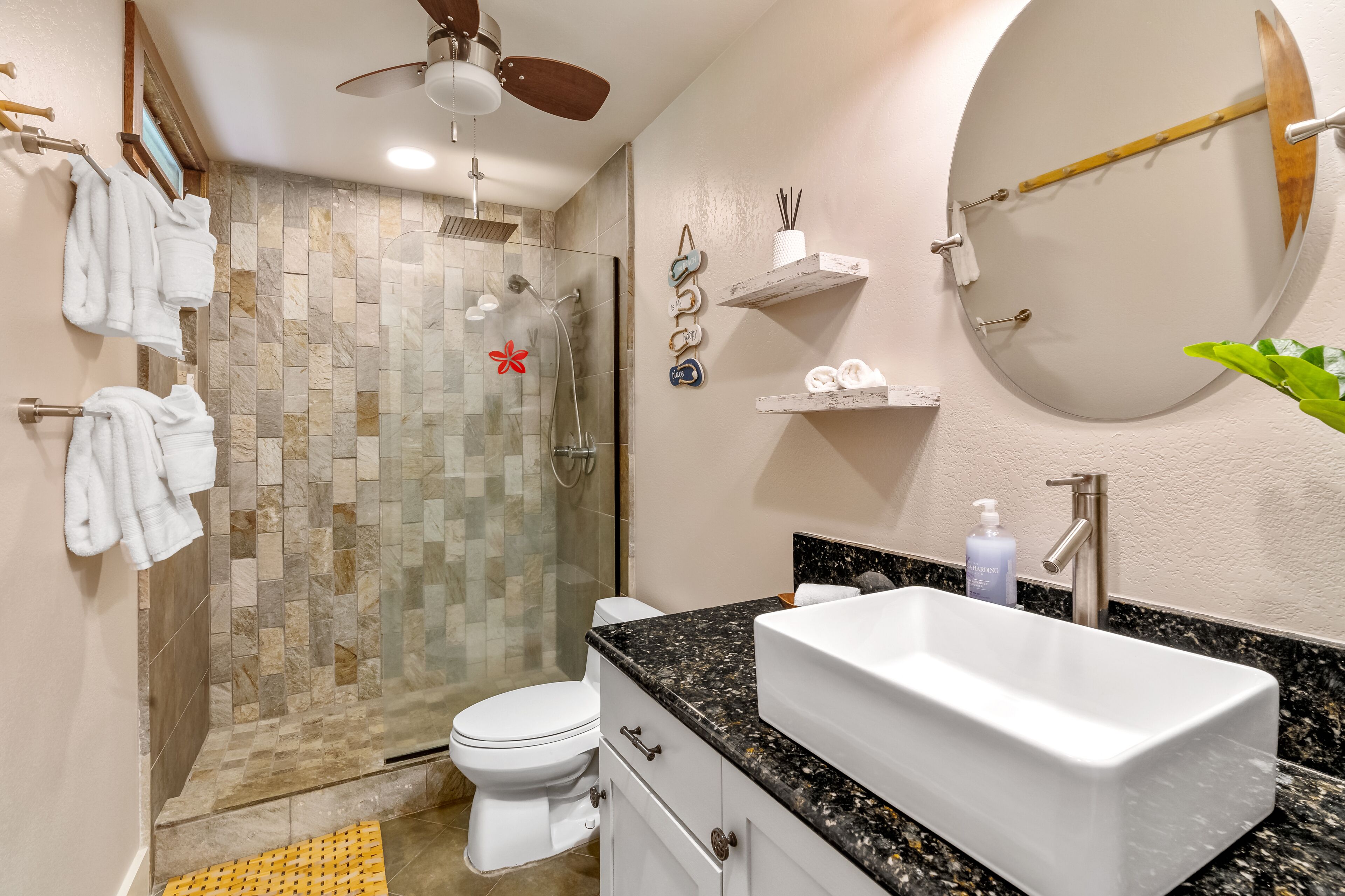 Shower, hair dryer, towels