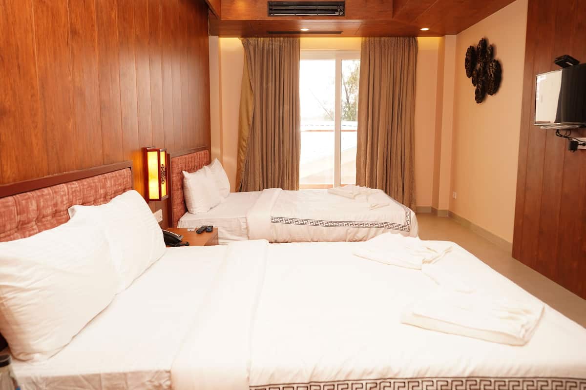 A hotel room with two beds, wooden paneling, a television, and a sliding glass door to the outside.