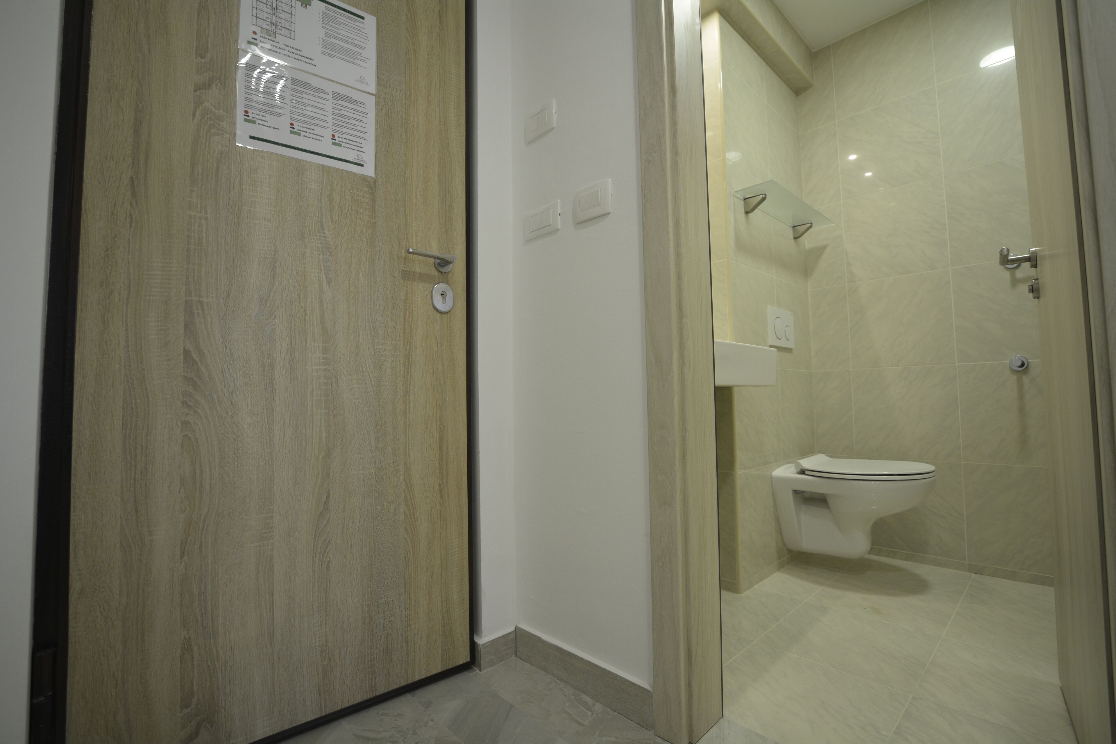 A bathroom with a toilet, a shower, and a wooden door.